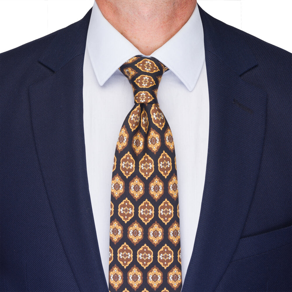 Black and Brown Medallion Motif Twill Silk Tie