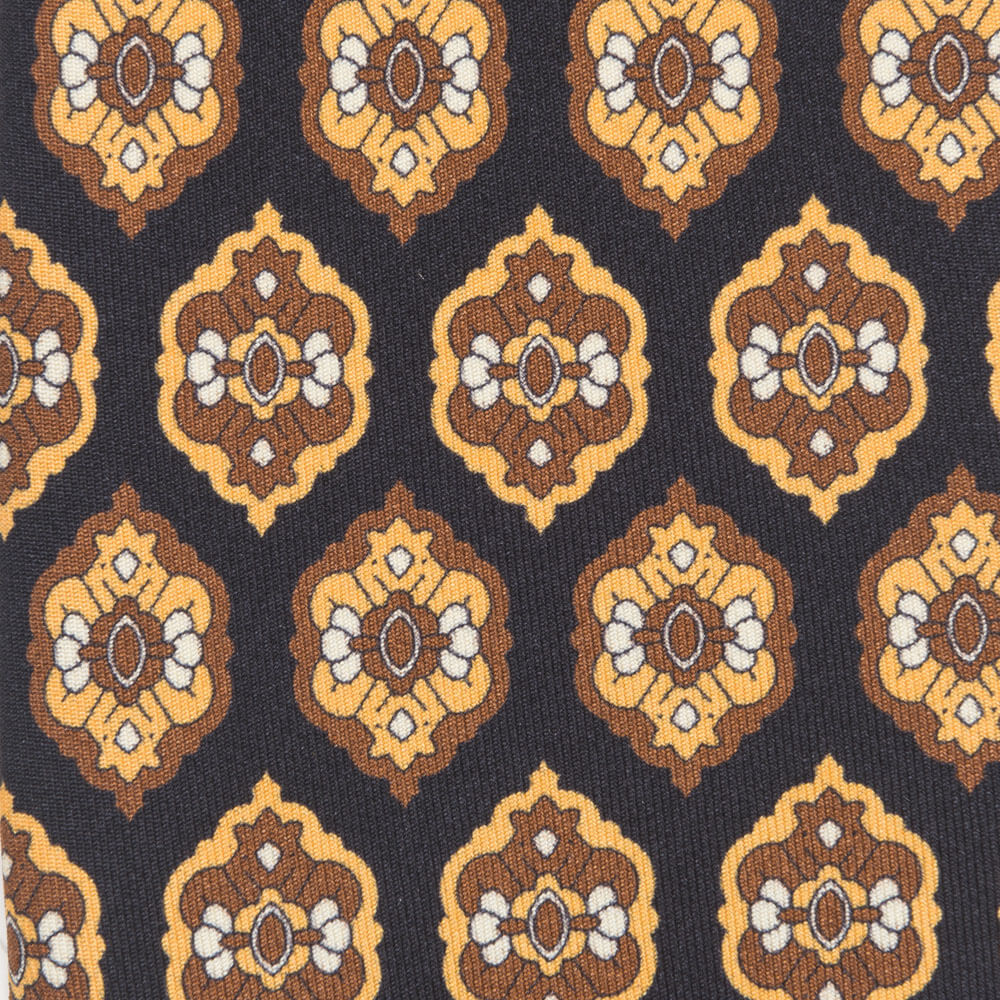 Black and Brown Medallion Motif Twill Silk Tie