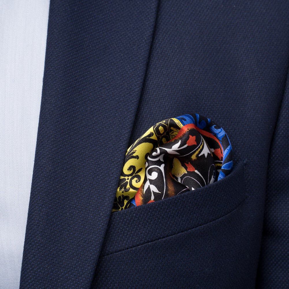 Baroque Ceramic Royal Blue and Yellow Silk Pocket Square