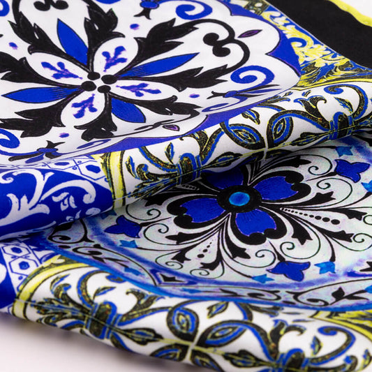 Baroque Ceramic Blue Yellow and White Silk Pocket Square
