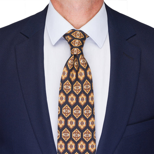 Black and Brown Medallion Motif Twill Silk Tie