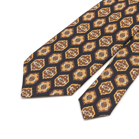 Black and Brown Medallion Motif Twill Silk Tie